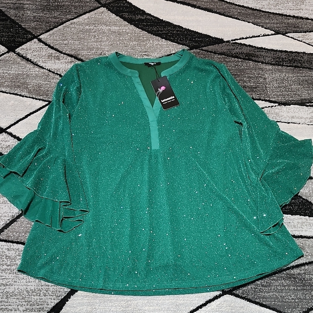 LOTUSMILE EMERALD GREEN SEQUIN V-NECK RUFFLES 3/4 SLEEVE TOP XXL